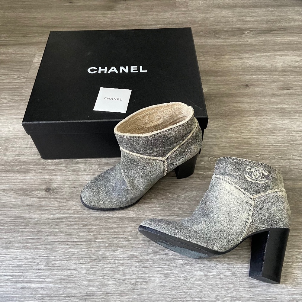 CHANEL Women's Pewter Grey Suede Leather Short Ankle Boots